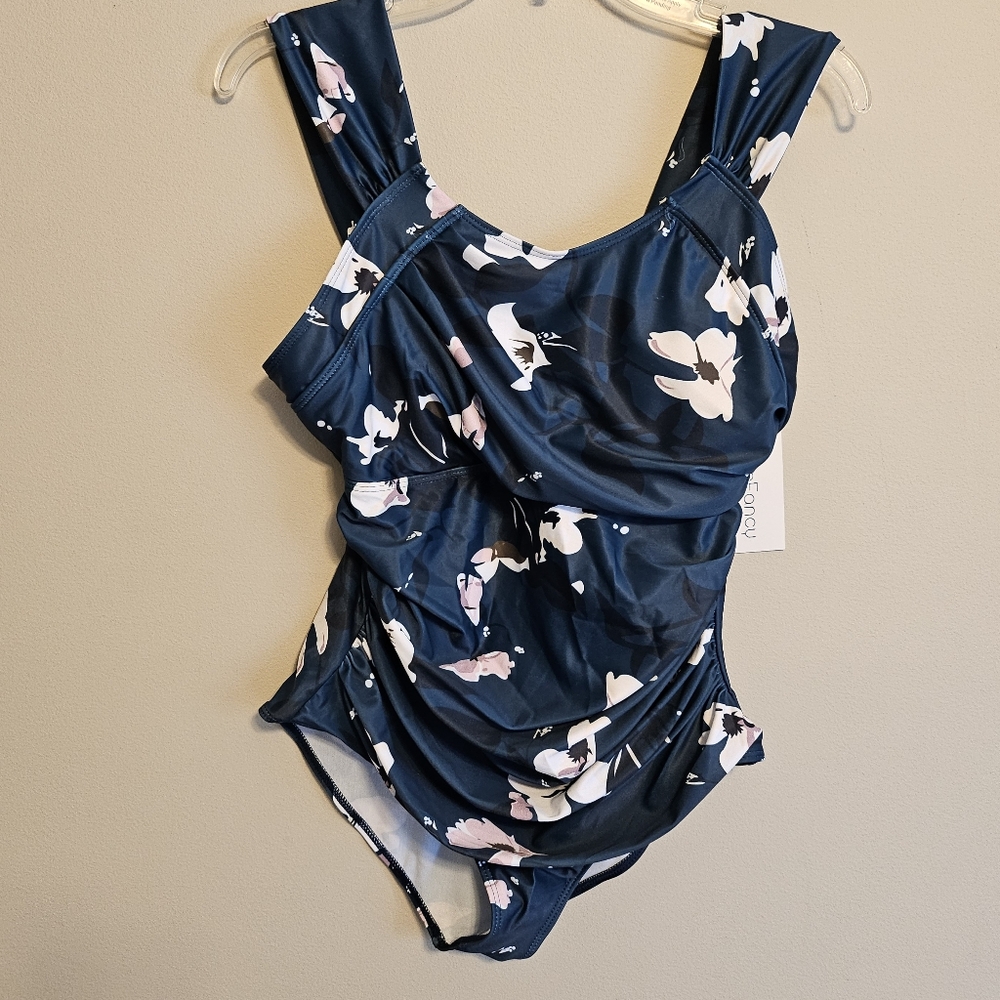 NEW Sea Fancy Women's Large One Piece Teal Floral Swim Suit Built in Bra Cups